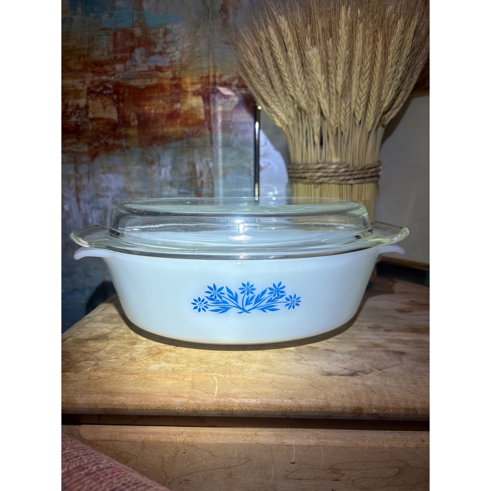Fire-King Blue Cornflower Milk Glass Oval Casserole Dish with Lid Oven-Proof